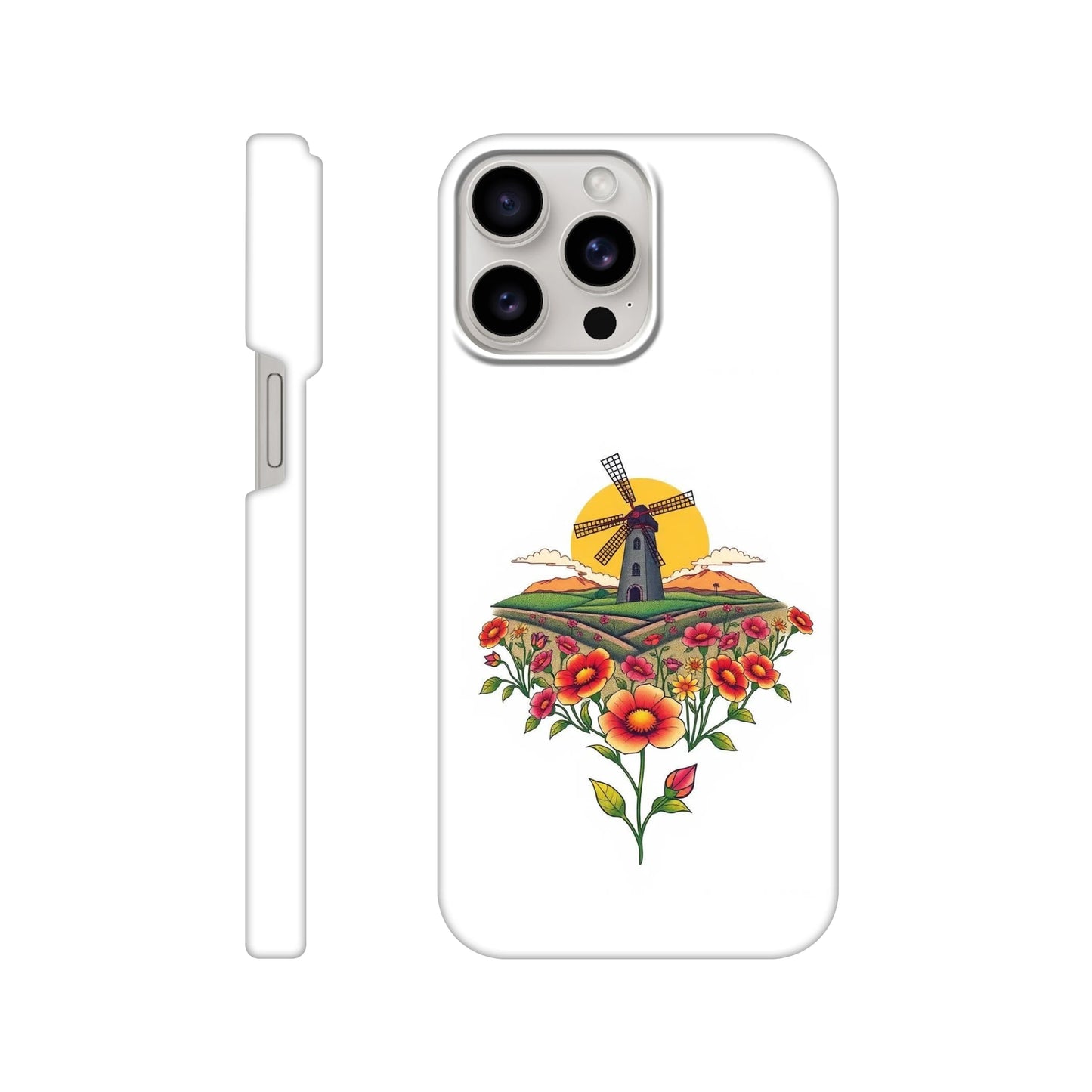 capa de telemóvel com casa do moinho e flores