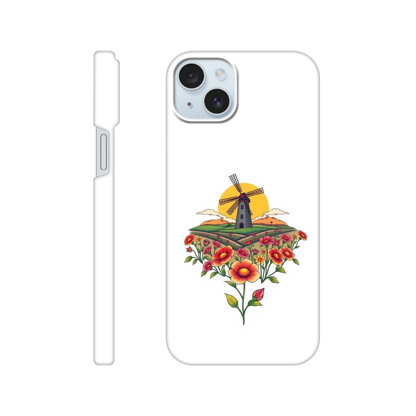 capa de telemóvel com casa do moinho e flores