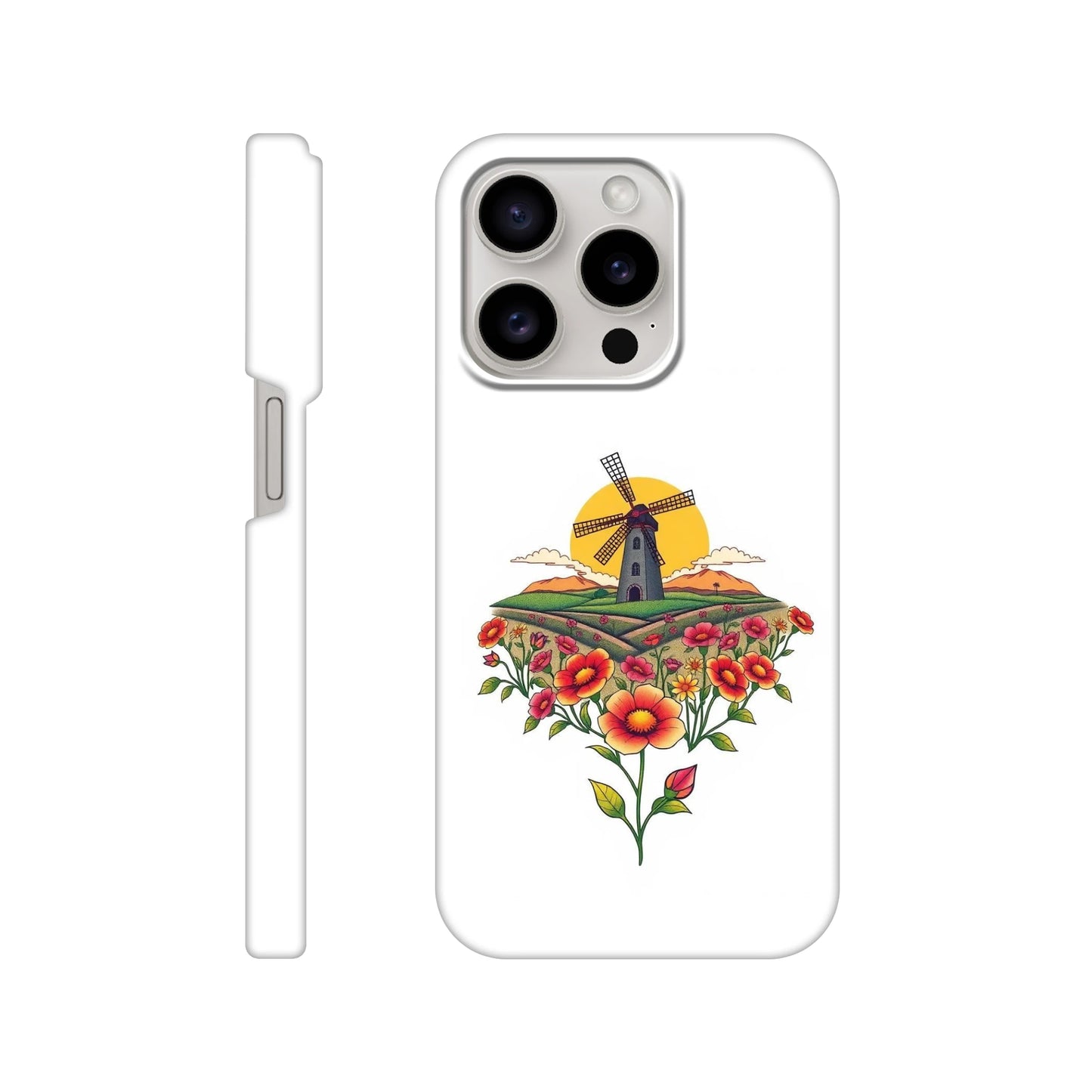 capa de telemóvel com casa do moinho e flores