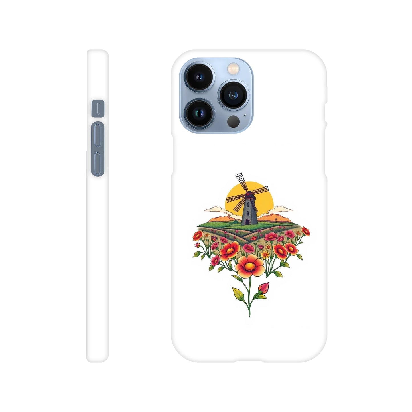 capa de telemóvel com casa do moinho e flores