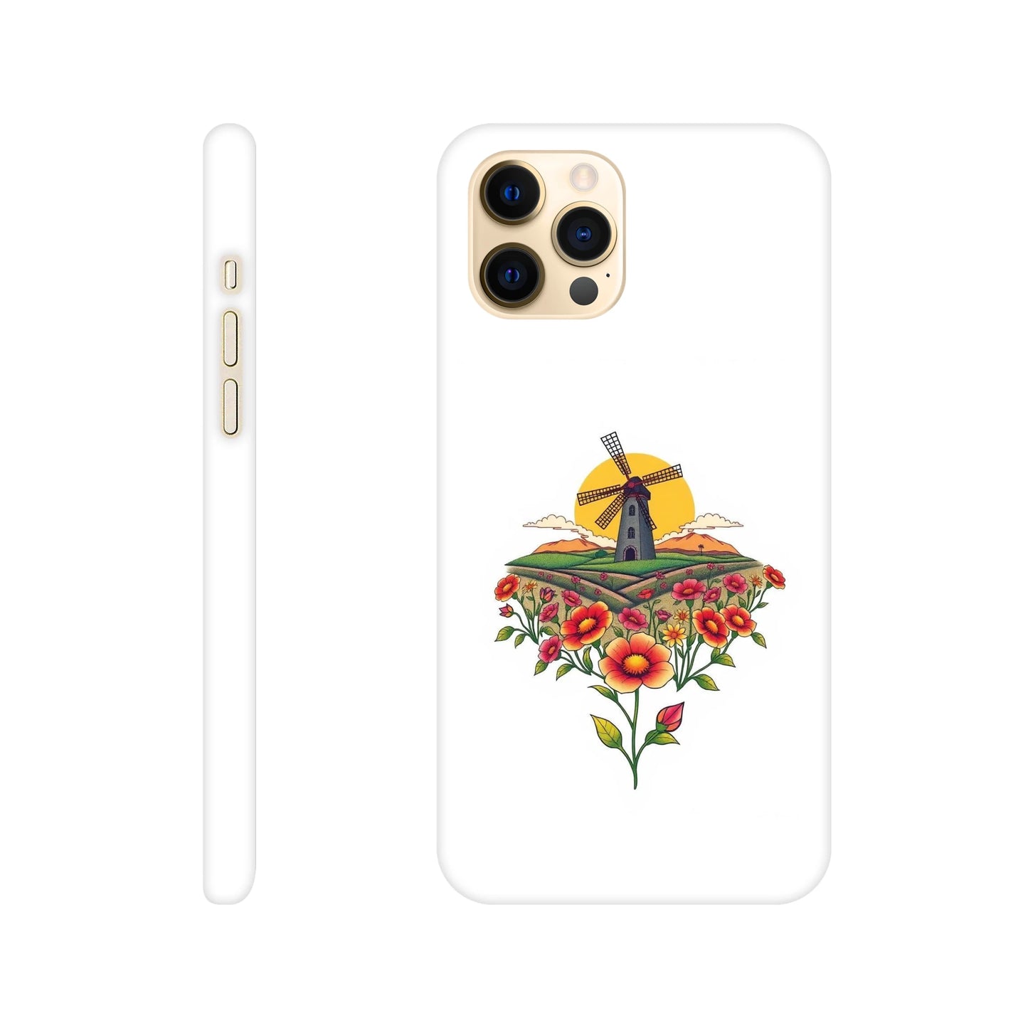capa de telemóvel com casa do moinho e flores