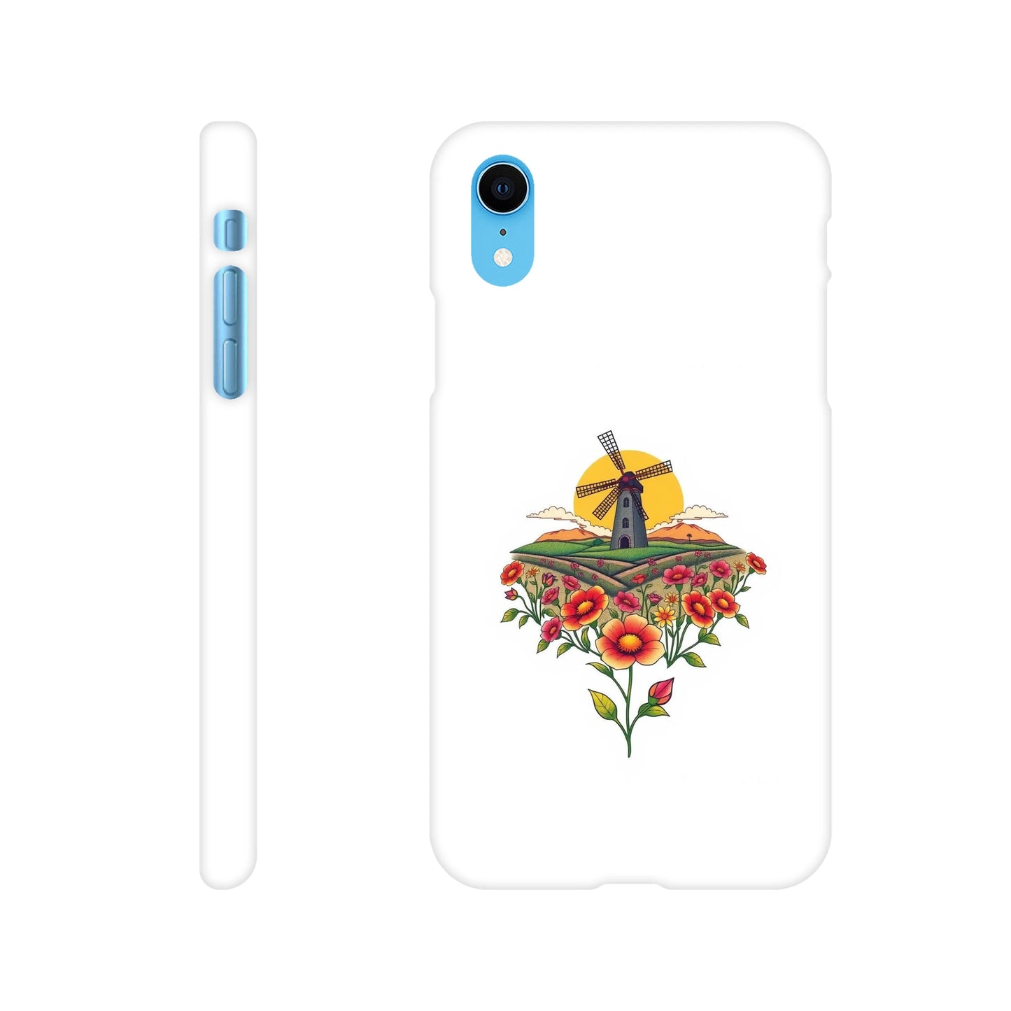 capa de telemóvel com casa do moinho e flores