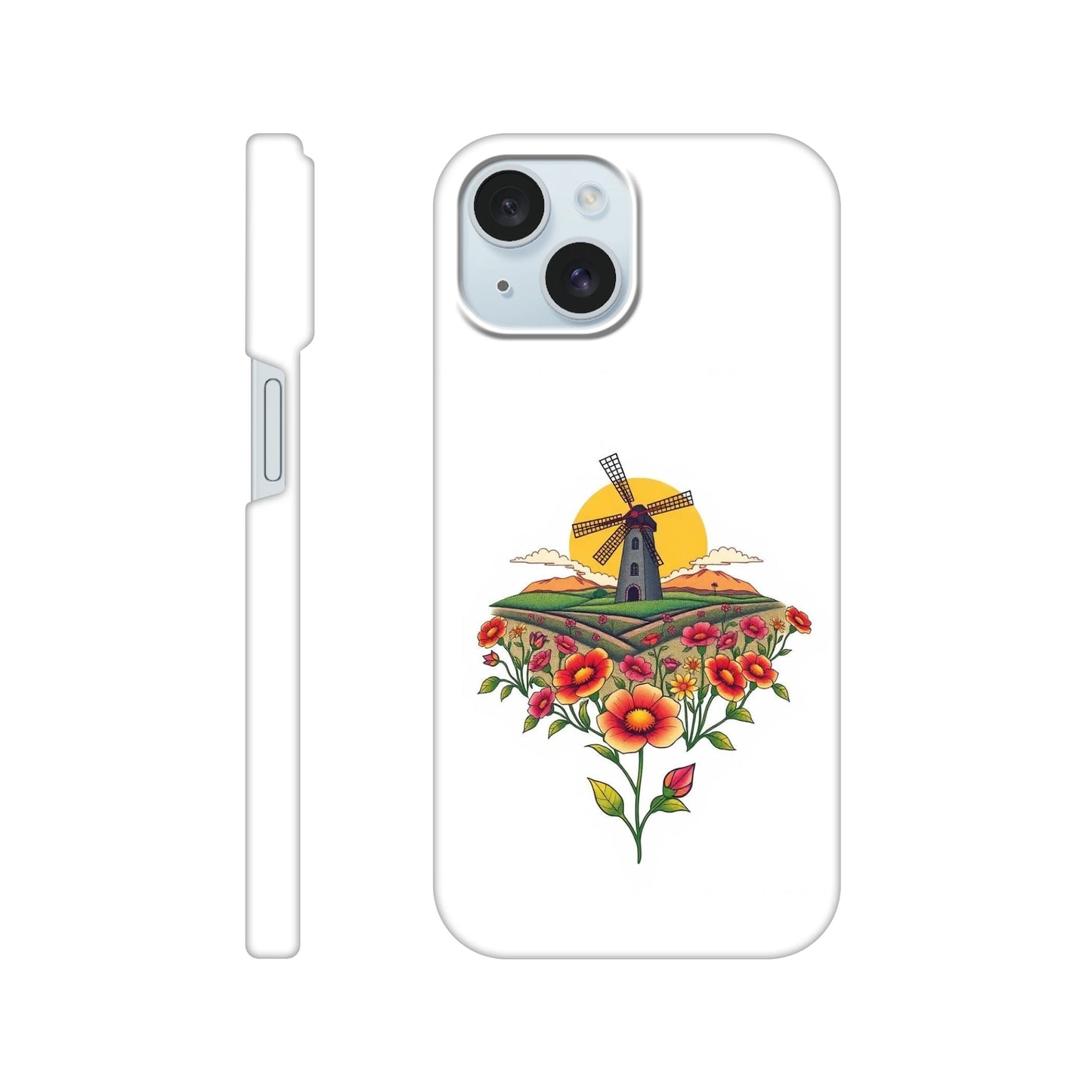 capa de telemóvel com casa do moinho e flores