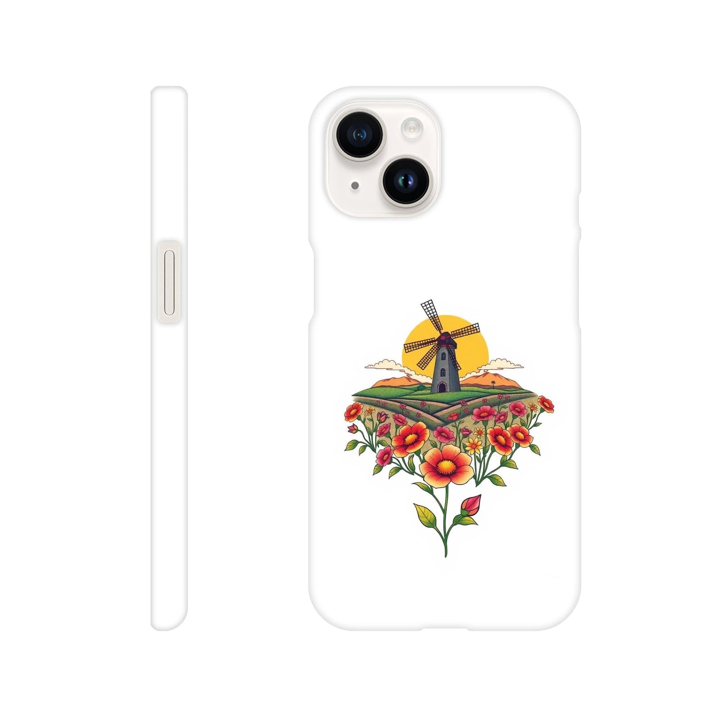 capa de telemóvel com casa do moinho e flores