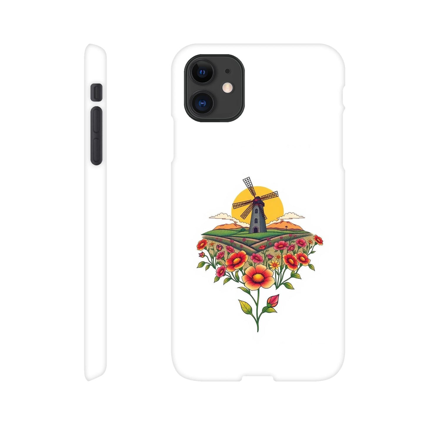 capa de telemóvel com casa do moinho e flores