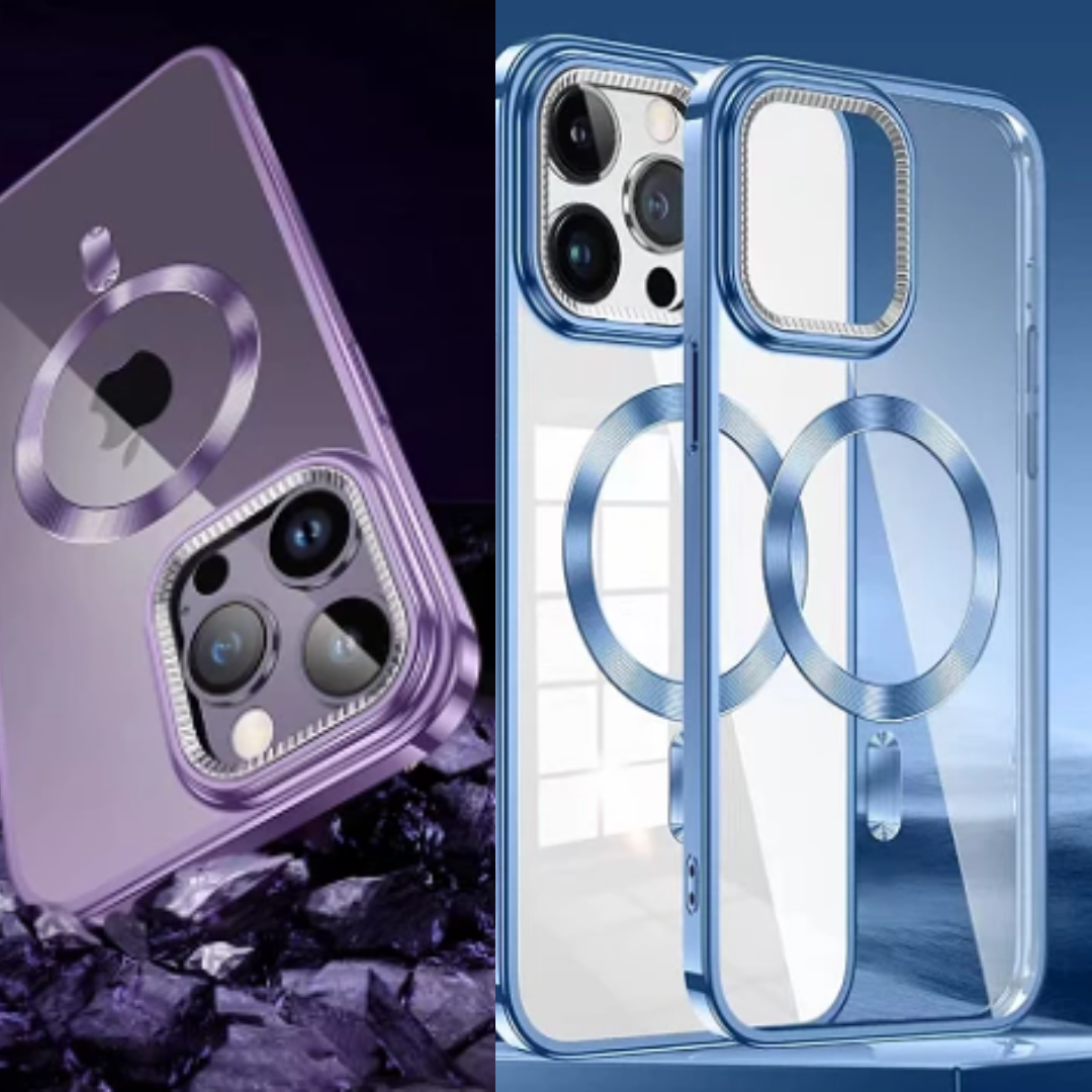 capas magsafe transparentes com bordas azuis e lilás