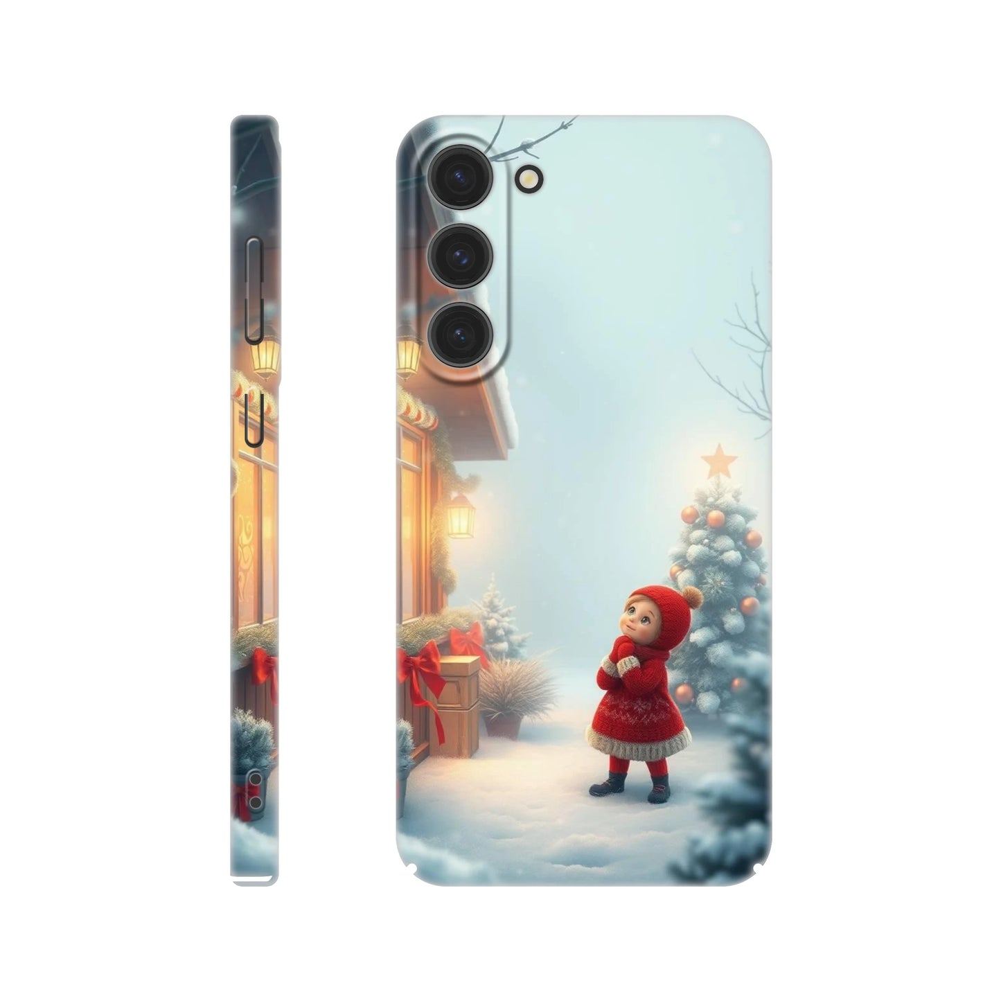 capa de telemovel com menina vestida de natal na neve