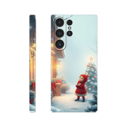capa de telemovel com menina vestida de natal na neve