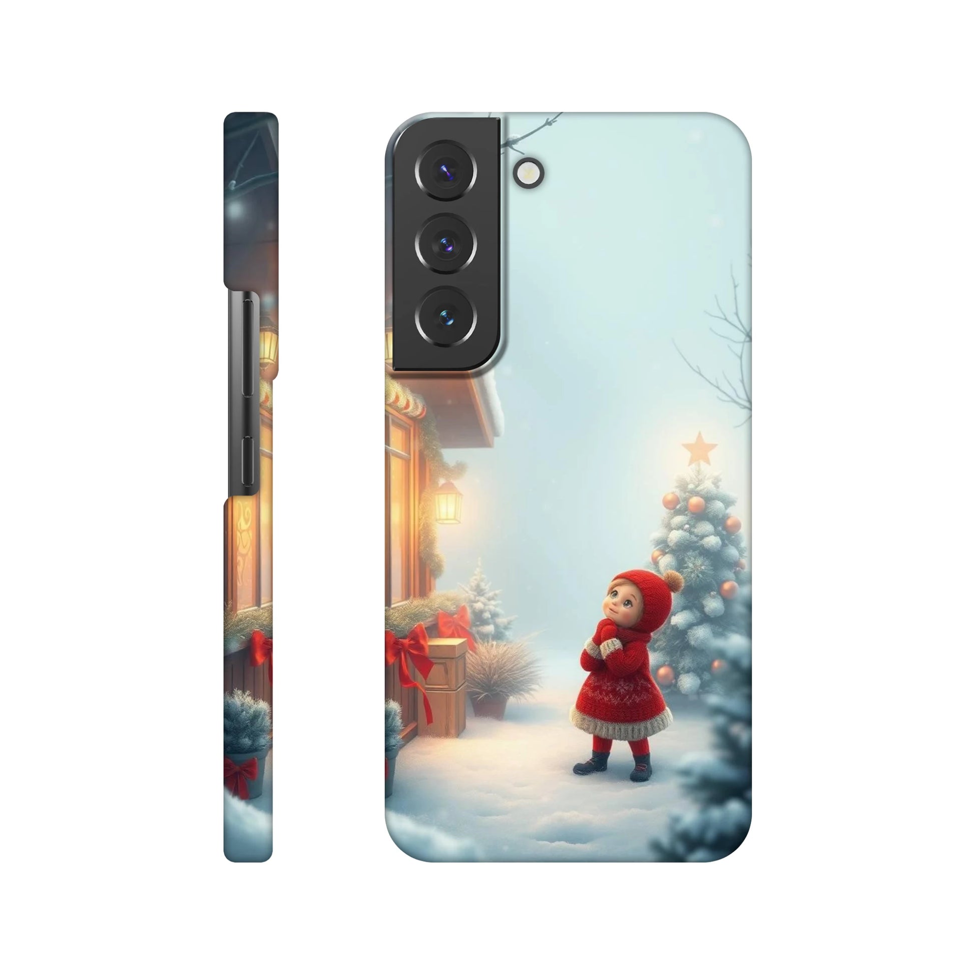 capa de telemovel com menina vestida de natal na neve