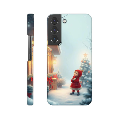 capa de telemovel com menina vestida de natal na neve
