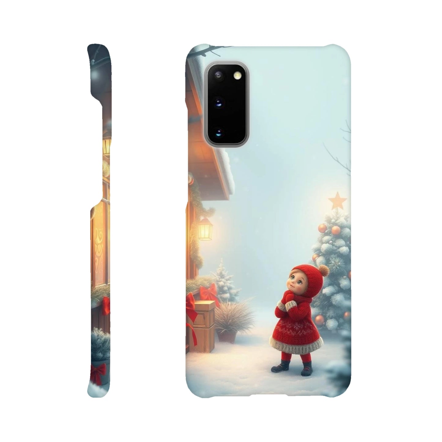 capa de telemovel com menina vestida de natal na neve