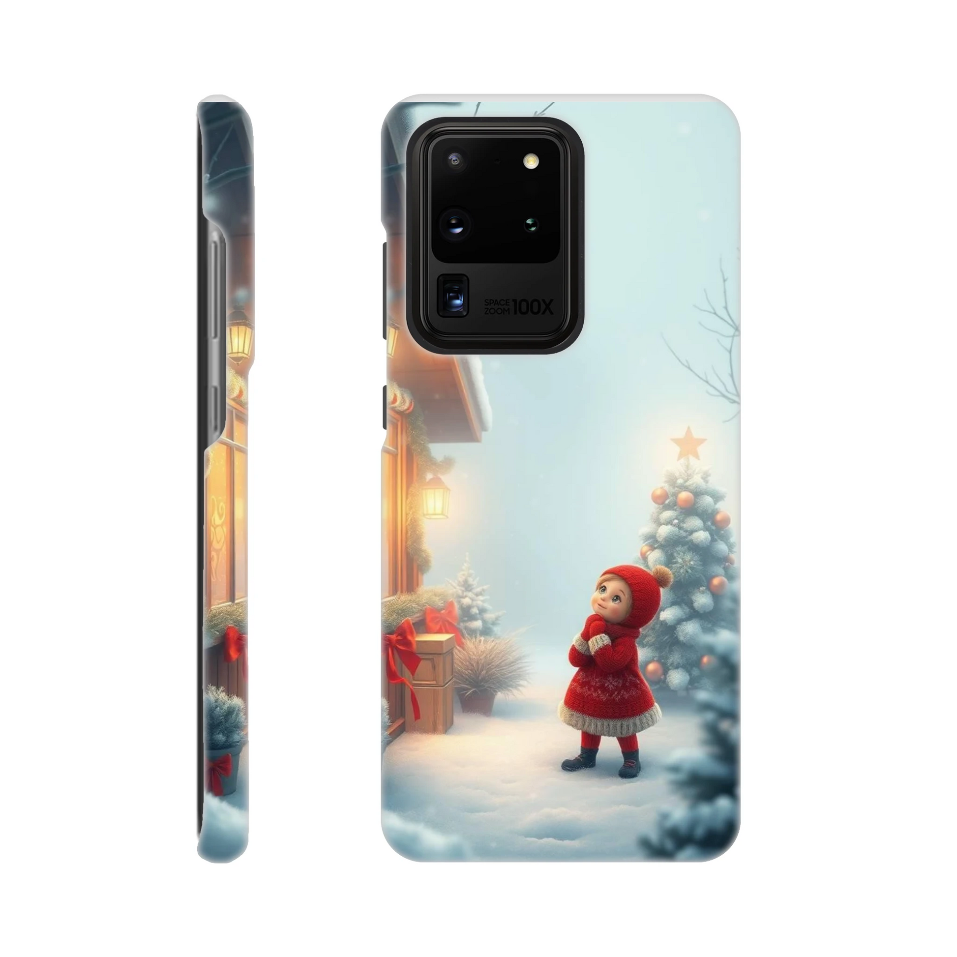 capa de telemovel com menina vestida de natal na neve