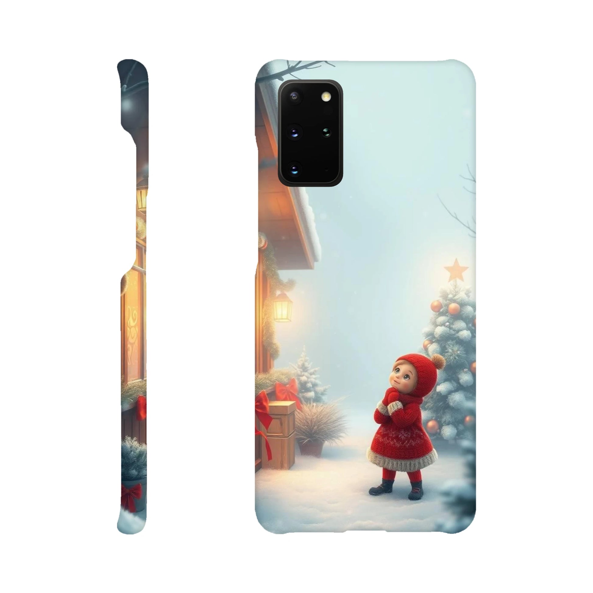 capa de telemovel com menina vestida de natal na neve