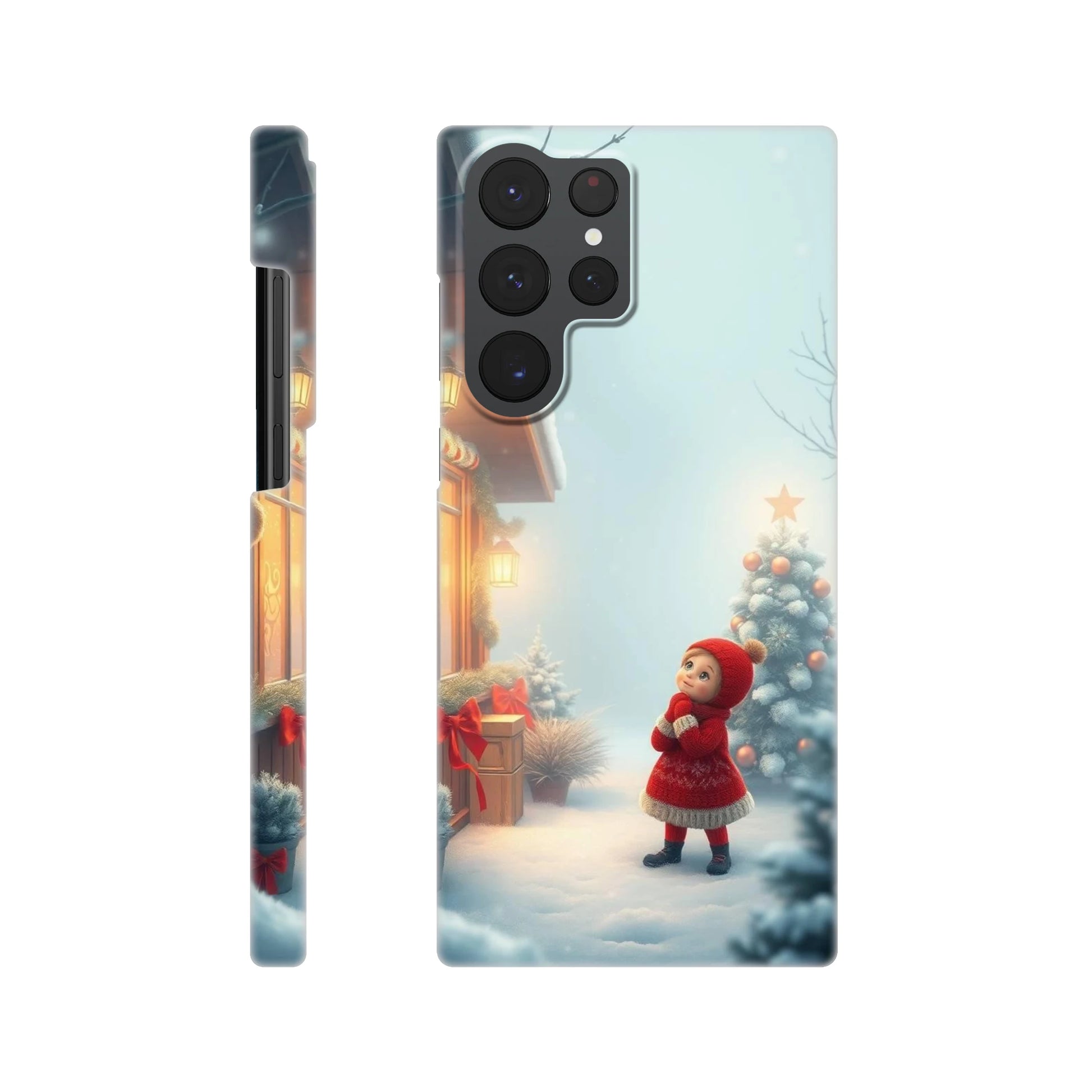 capa de telemovel com menina vestida de natal na neve