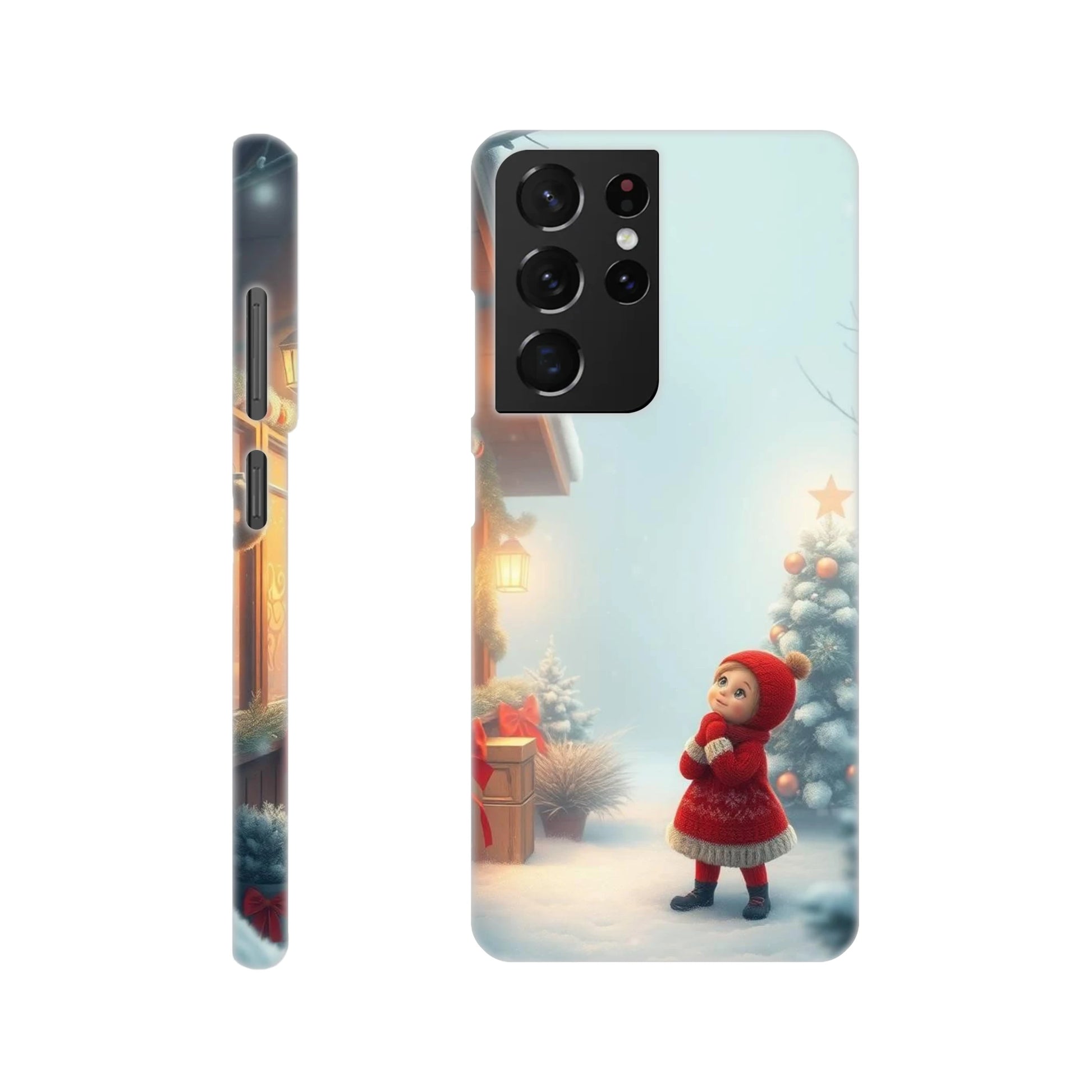 capa de telemovel com menina vestida de natal na neve