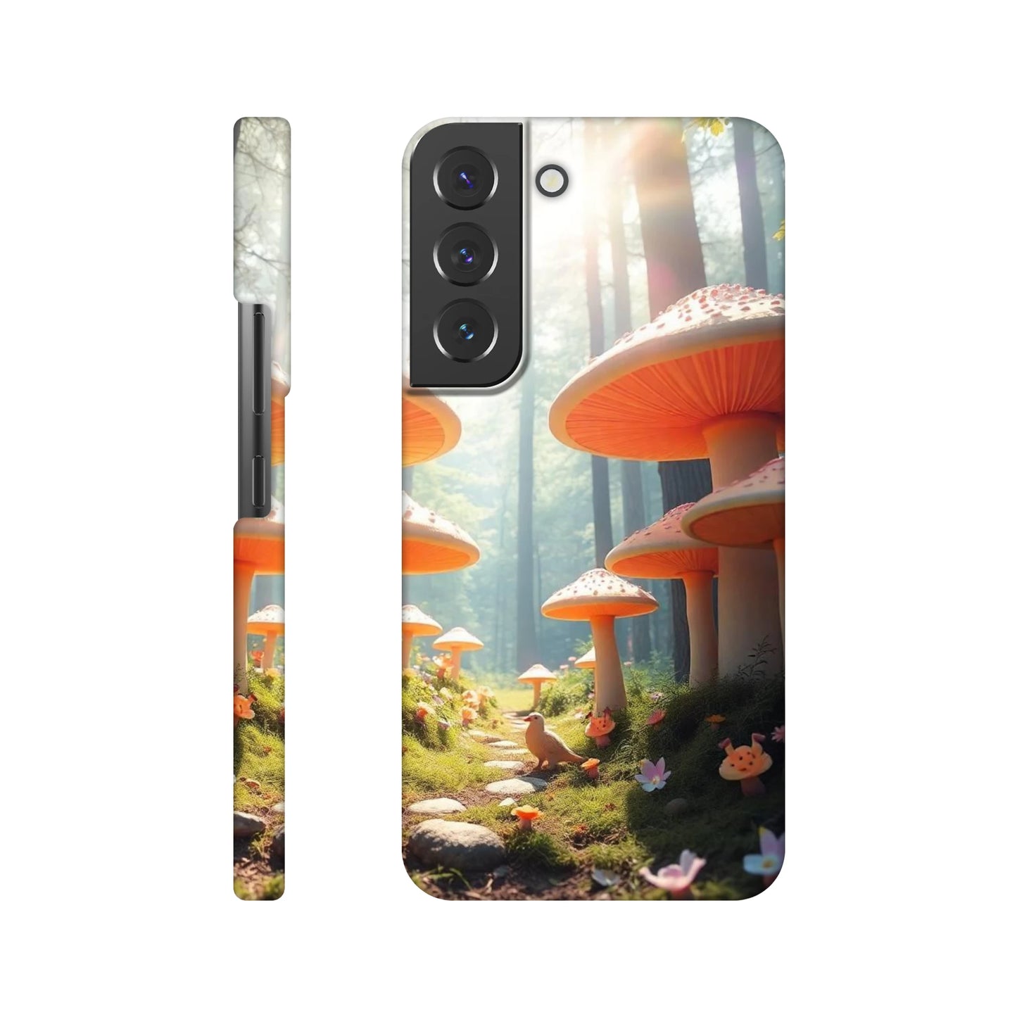 capa de telemovel da floresta ensolarada com cogumelos laranja