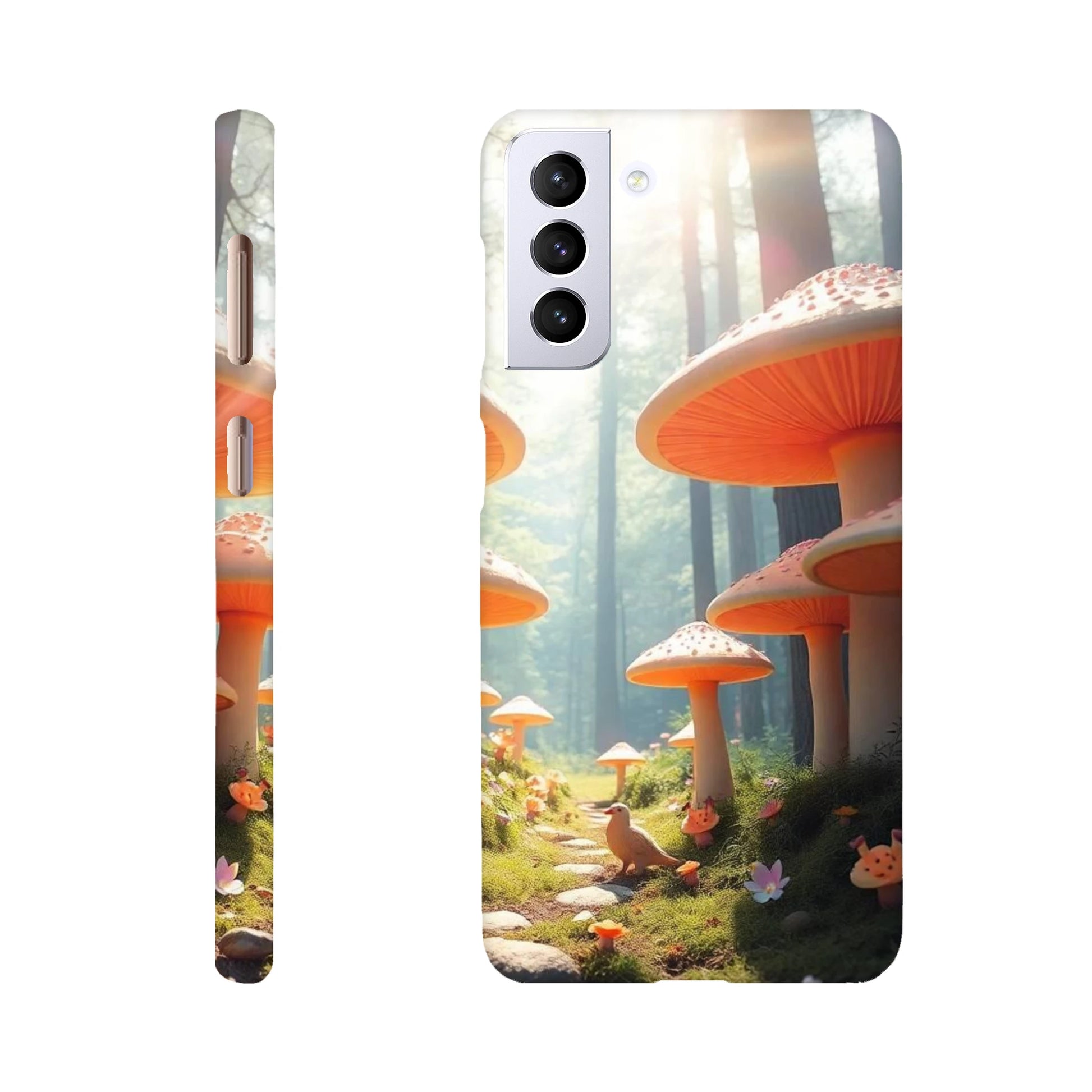 capa de telemovel da floresta ensolarada com cogumelos laranjas