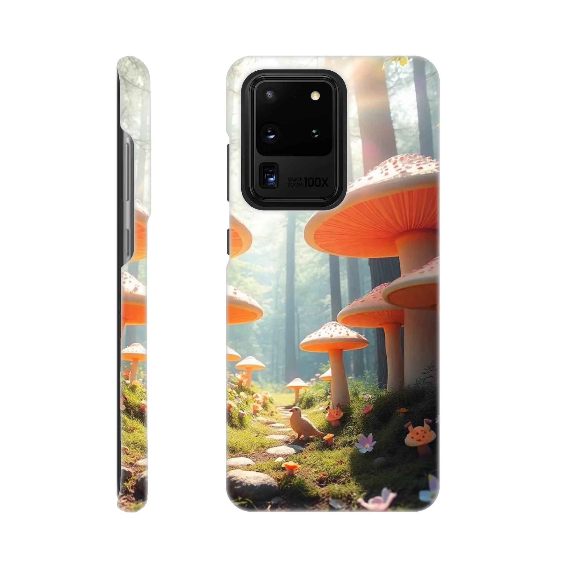 capa de telemovel da floresta ensolarada com cogumelos laranja